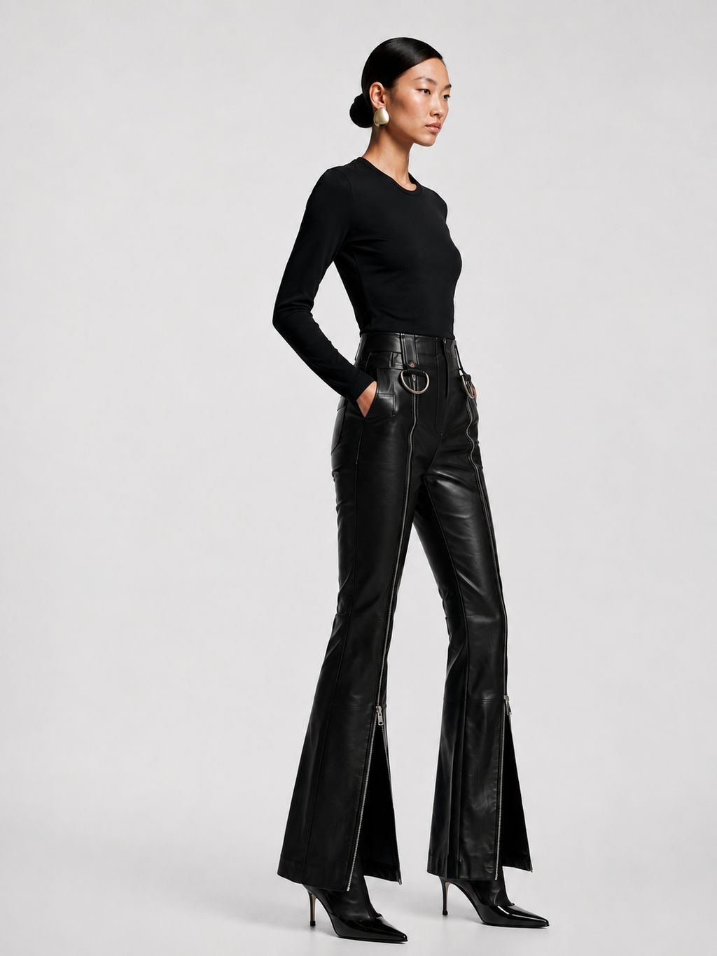 ICEVEIL - Zip-Panel Leather Flare Trousers