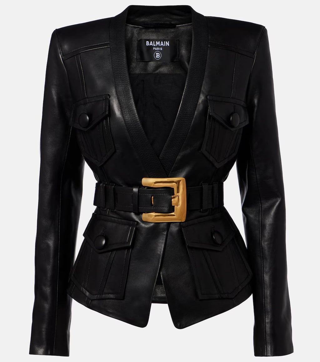 Belted leather jacket