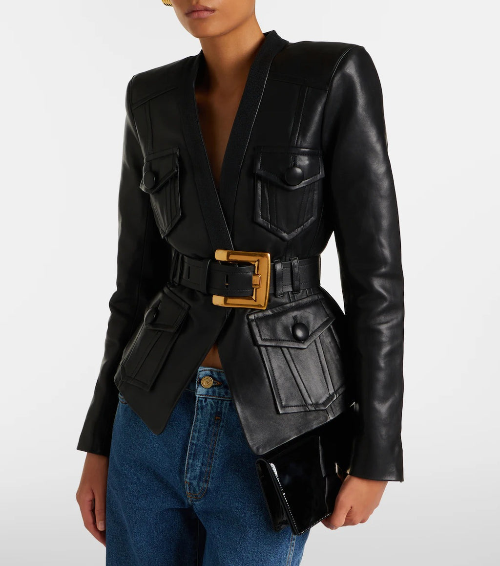 Belted leather jacket
