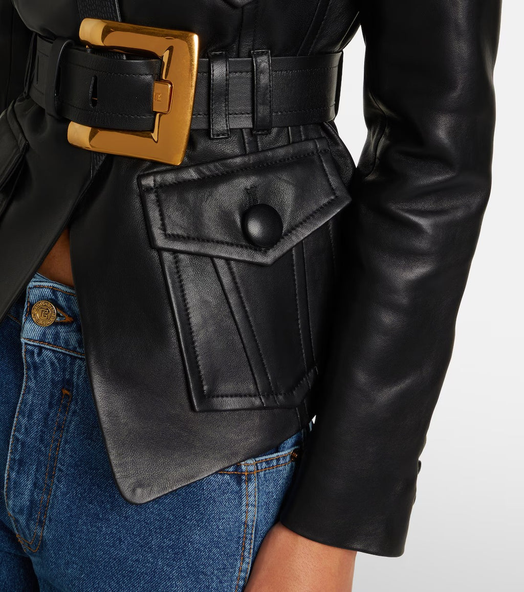 Belted leather jacket